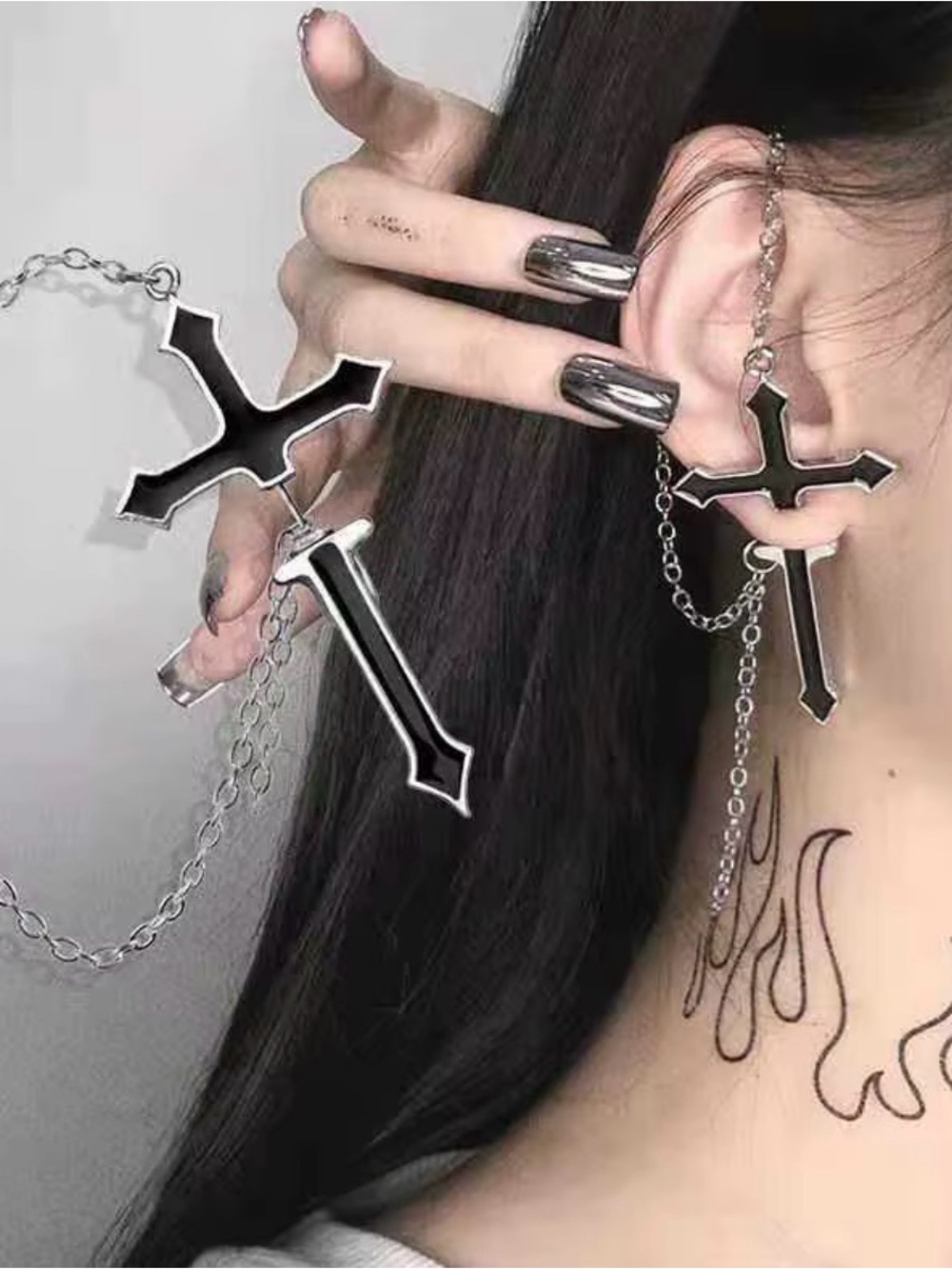 Single Ear Goth Cross Chain Earrings with Ear Cuff